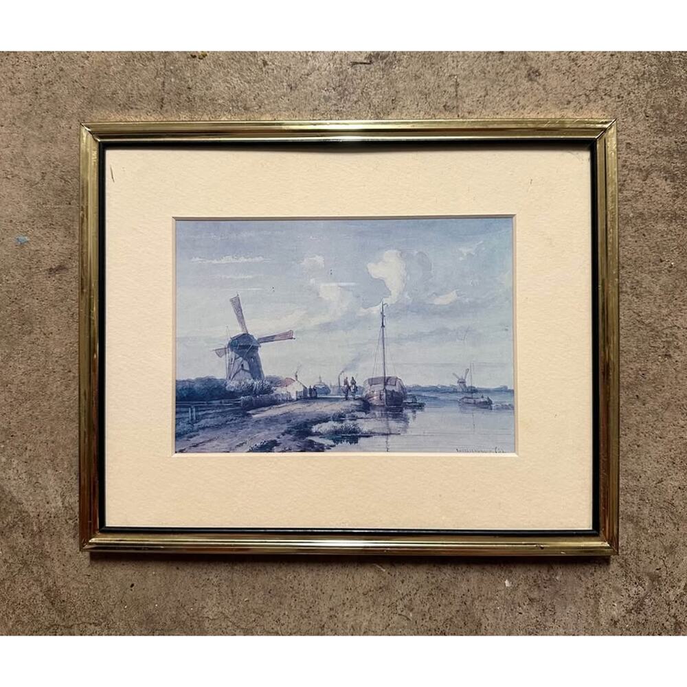 Vintage J. Weissenbruch Dutch Landscape Print – Windmill & Boats – 10” x 8”